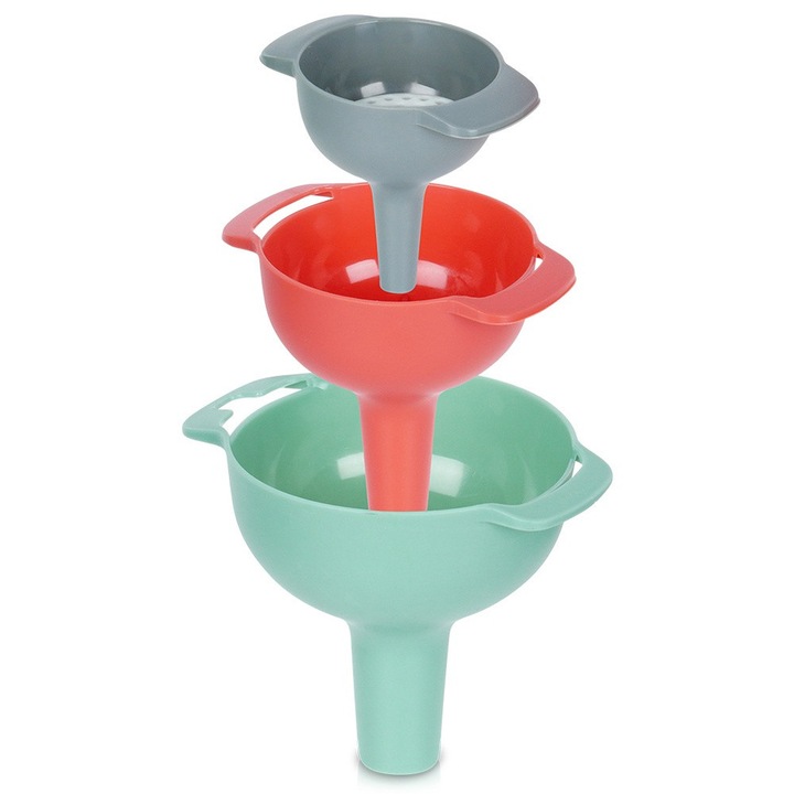Set 4 Palnii De Bucatarie Cu Sita, Excellent Houseware, 6/8/10x5 cm, Rezistente Si Durabile, Fabricate Din Materiale De Cea Mai Buna Calitate, Manere Practice, Verde/Roz/Gri, Ideale Pentru Umplerea Sticlelor Si Recipientelor