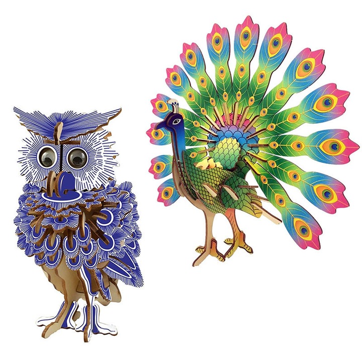 Set 2 Puzzle-uri 3D lemn pentru adulti si copii, model animale, pawan 53 piese, Buvnita 142pcs, Verde/albastru inchis