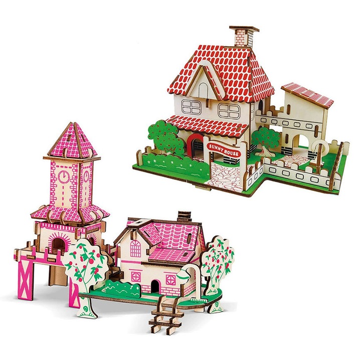 Set de constructie, 3D puzzle din lemn pentru adulti si copii, 2 modele de case, 45 si 73 piese