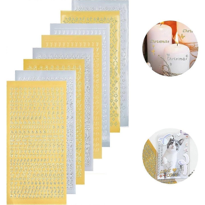 Комплект декоративни стикери от восък, 8 листа, главни и малки букви, цифри, златни/сребърни цветове, за гладки повърхности