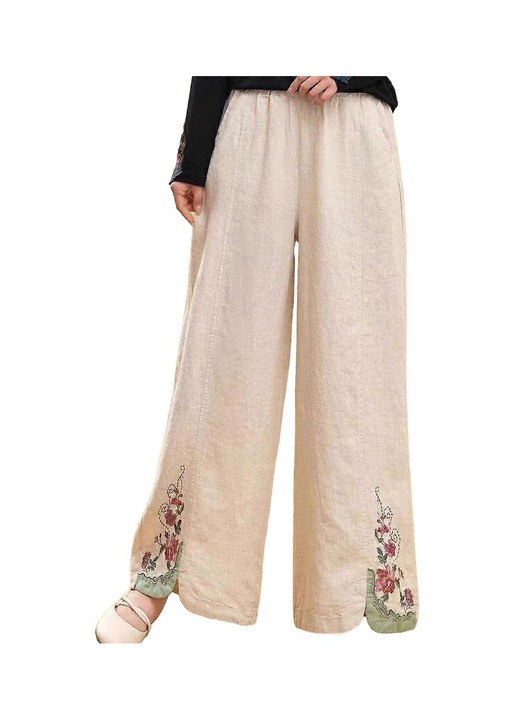 Pantaloni pentru dama, poliester/bumbac, talie elastica, bej