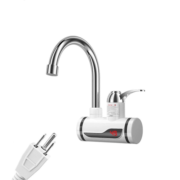 Robinet de apa cu incalzire rapida, 18x15x6cm, alb si argintiu, cu display LED, set de robinet instant pentru bucatarie