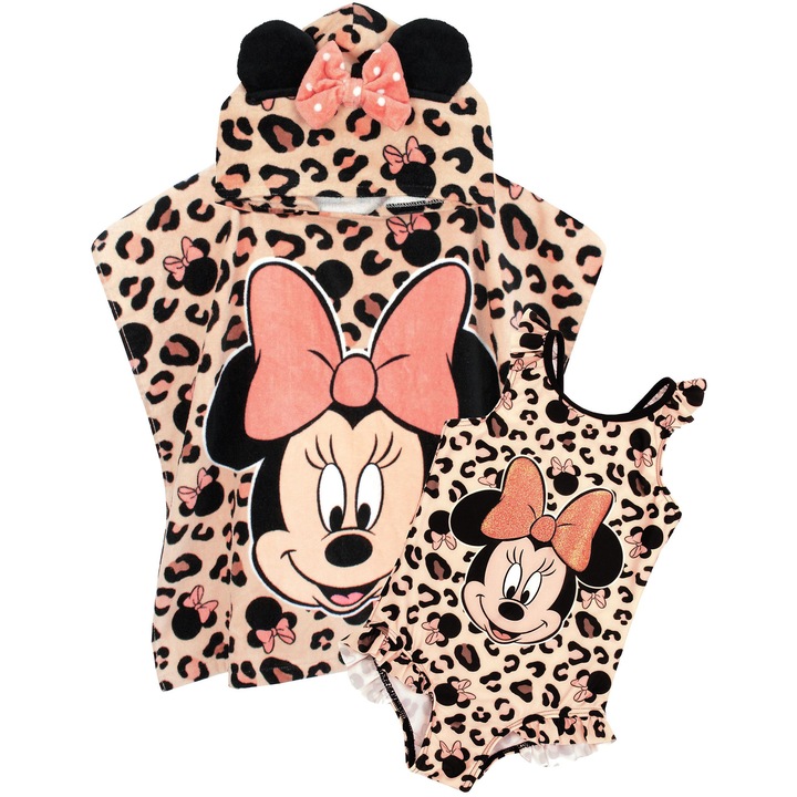 Set costum de baie si prosop poncho Minnie Mouse, roz, 2-3 ani