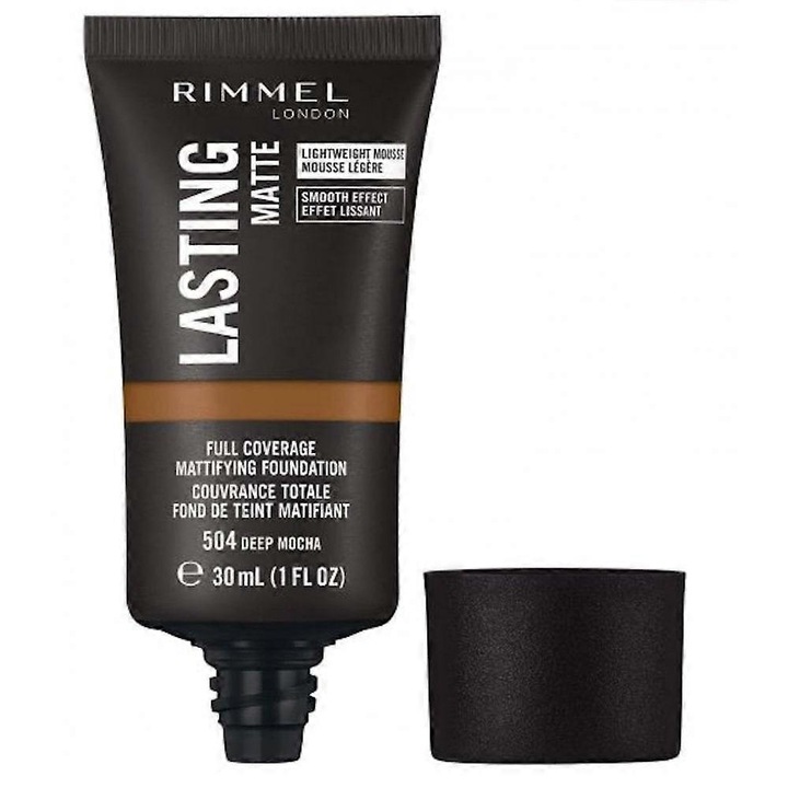 Fond de ten Rimmel Lasting Matte, acoperire completa, nuanta 504 Deep Mocha, 30ml