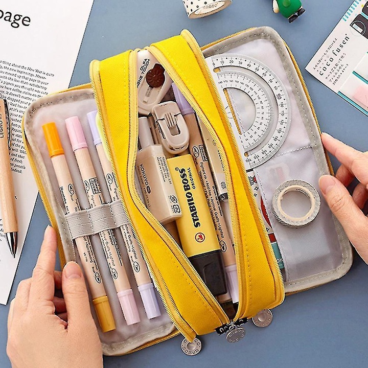 Nagy kapacitású tolltartó, 3 rekeszes, cipzáras, sárga, 8.2x1.9x3.5 hüvelyk