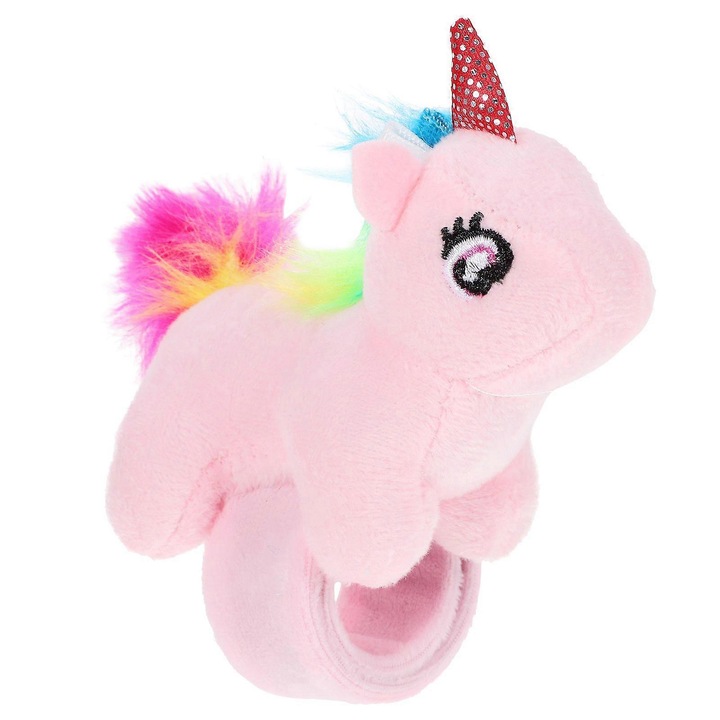 Bratara cu jucarie de plus, design unicorn, roz, 23x10x9cm