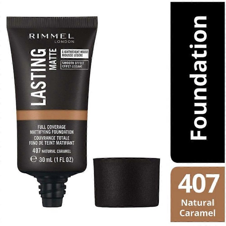 Fond de ten Rimmel Lasting Matte, 30ml, acoperire totala, finisaj mat catifelat, nuanta 407 Natural Caramel