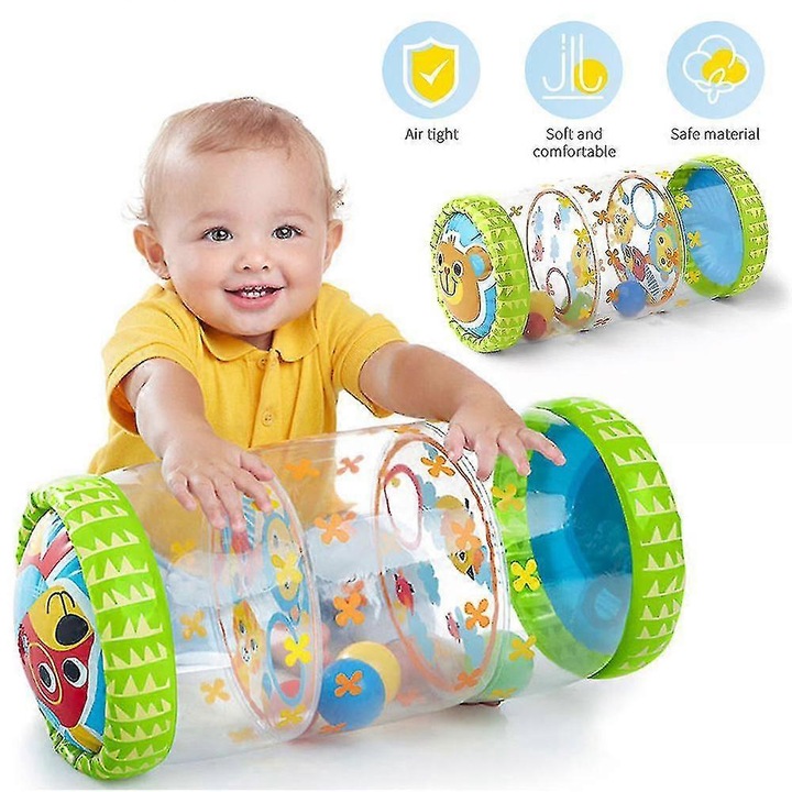 Jucarie interactiva pentru bebelusi, rola gonflabila pentru crawling, cu bile si clopotel, 48x22cm, multicolor