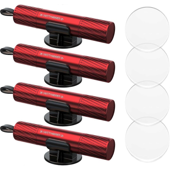 Set 4 unelte de siguranta auto, ciocan de spart geamuri si taietor de centura, portabil, 3.6 inch, multicolor