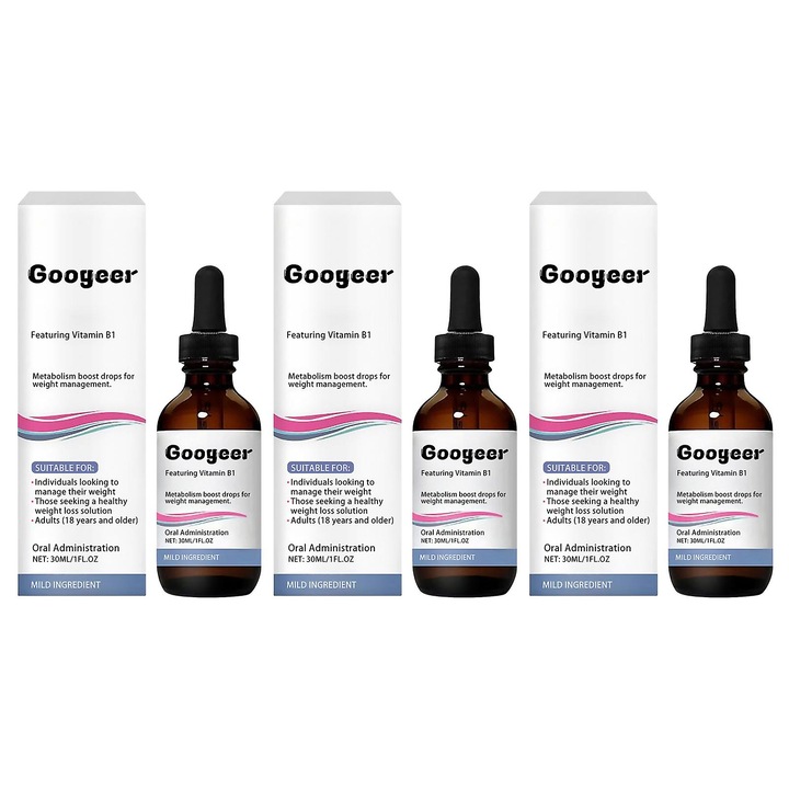 Set 3 Sticle picaturi pentru metabolism, Googeer, 30 ml, Ingrediente naturale, Absorbtie rapida, Pentru slabire si celulita