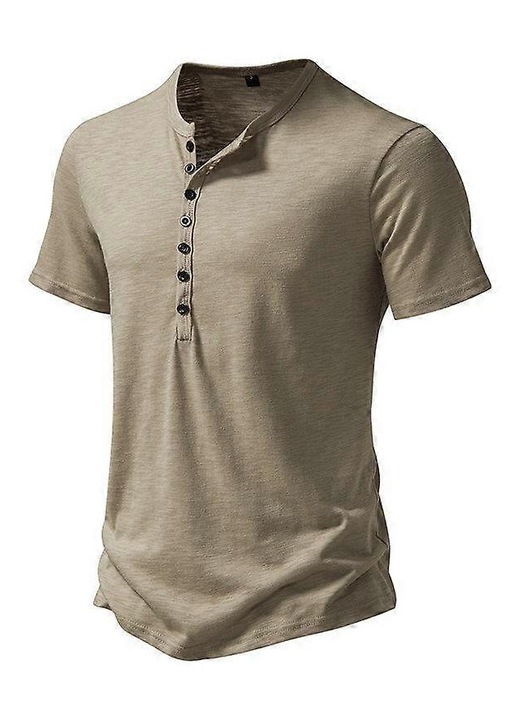 Férfi pólók, lezser szabású, pamut, khaki színű, rövid ujjú, Henley fazonú