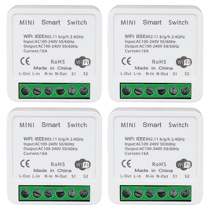 Set 4 comutatoare WiFi, control prin aplicatie, 2 cai, 16A, plastic, multicolor