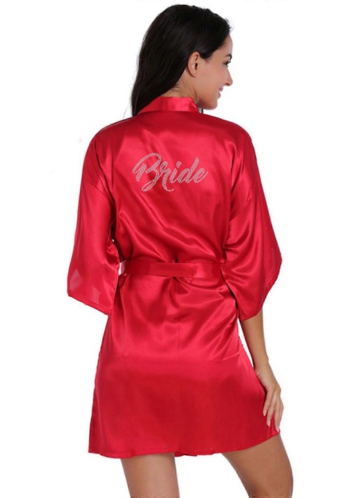 Halat scurt din satin pentru femei, cu decolteu in V, maneci 3/4, rosu, material moale