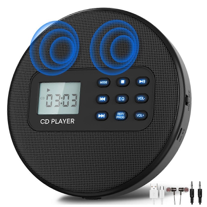 Player CD portabil cu difuzoare, negru, 8 ore autonomie, functie de repetare, conectare audio 3.5mm