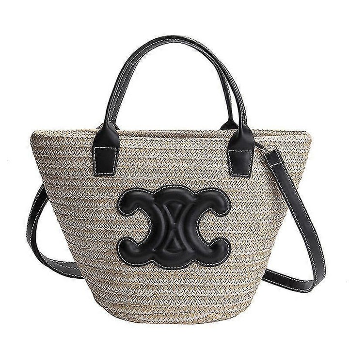 Geanta de plaja din ratan, capacitate mare, design elegant, 30x20x14cm, bej/ negru