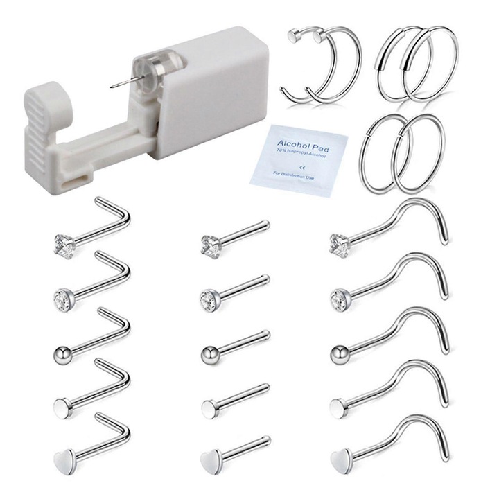 Kit de cuie pentru piercing 21 Ace, inox, Dimensiuni 3x0.8x7mm