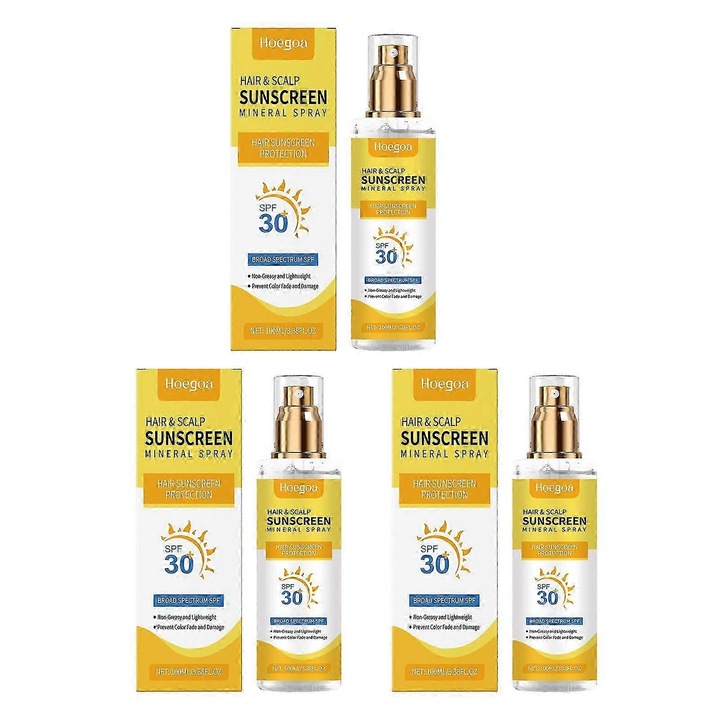 Spray de protectie solara SPF30 pentru par si scalp, Hoegoa, 100ml, set 3 bucati, protectie UV, usor, ideal pentru sporturi in aer liber