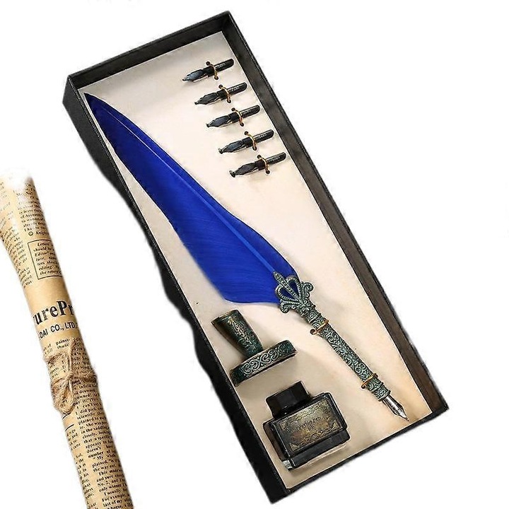 Set de stilou vintage cu pene, 1 stilou cu pena, 5 varfuri de rezerva, suport, cutie de ambalare, culoare albastra