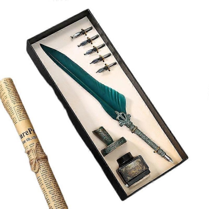 Set de stilou vintage cu pene, 5 varfuri de rezerva, suport, cutie de ambalare, multicolor