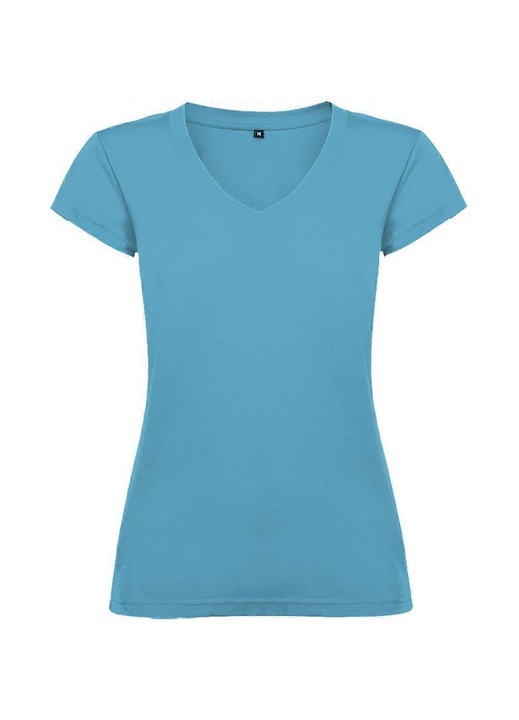 Tricou dama, turcoaz, bumbac, decolteu in V, maneca scurta, croiala slim, set disponibil, 3XL INTL