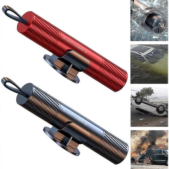Kit de siguranta auto, ciocan de sticla si taietor de centura, 2 bucati, negru-rosu, 3.6 inch