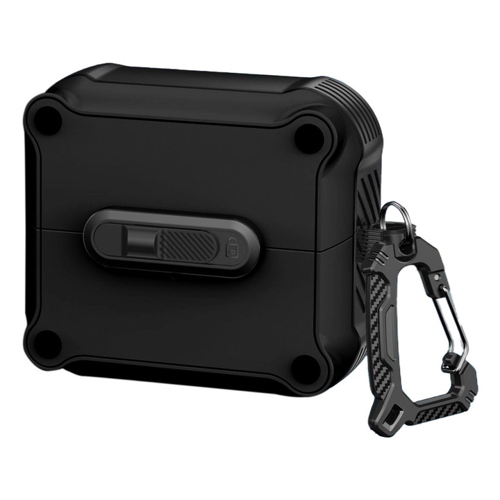 Husa Protectie Casti, pentru Samsung Buds 3 / Buds 3 Pro, cu de Blocare si Breloc Carabina, Rezistenta La Caderi si Zgarieturi, Negru
