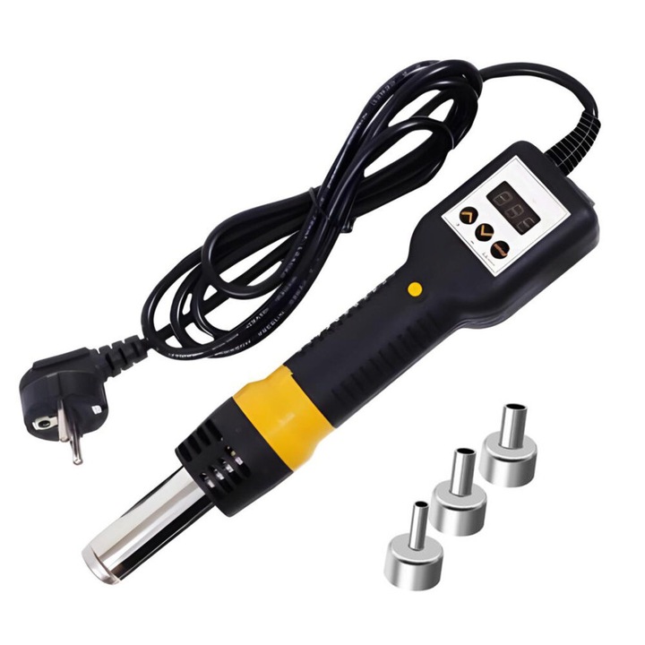 Zola forrólevegős forrasztóállomás, állítható hőmérséklet 100-480℃, 700W, áramlási sebesség 120L/perc, LED kijelző, csúszásmentes fogantyú, fekete/sárga