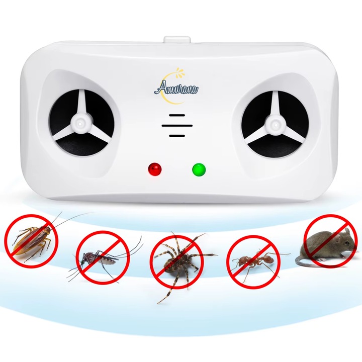 Aparat ultrasunete gandaci si insecte, Amurana, repelent electric cu frecventa variabila 15–50 kHz, difuzoare ultrasonice duble, functie de purificare aer, acoperire pana la 150 m², montaj simplu la priza, functionare silentioasa, alb