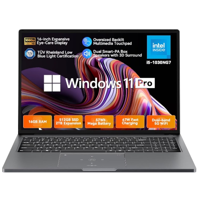 Лаптоп Blackview Acebook 12, Intel® Core™ i5-1030NG7, 16GB+512GB, Windows 11 Pro, 16" FHD+, 3.6GHz, HDMI 2.0, Bluetooth, USB 3.0, Сензор за пръстови отпечатъци, WLAN 5G, Сив