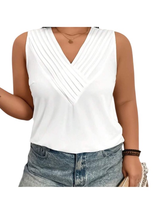 Bluza alba simpla, de vara, bumbac, cu decolteu adanc in V, 3XL