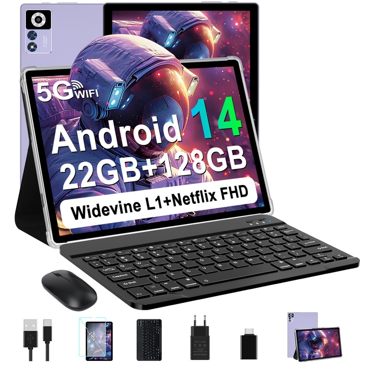Таблет 10 инча Android 14, марка ZIOVO, с 22GB RAM+128GB ROM (TF 1TB), WiFi 5G таблет, Widevine L1/Octa-Core 2.0GHz/BT 5.0/8+5 MP/8000mAh, с калъф, клавиатура и мишка, Виолетов