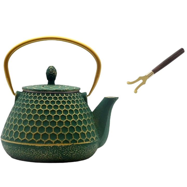Öntöttvas teáskanna szett 1000 ml, geometrikus mintával, zománcozott belsővel, infúzióval és fedővillával, tűzhelyre, 3.62 × 4.33 hüvelyk, zöld