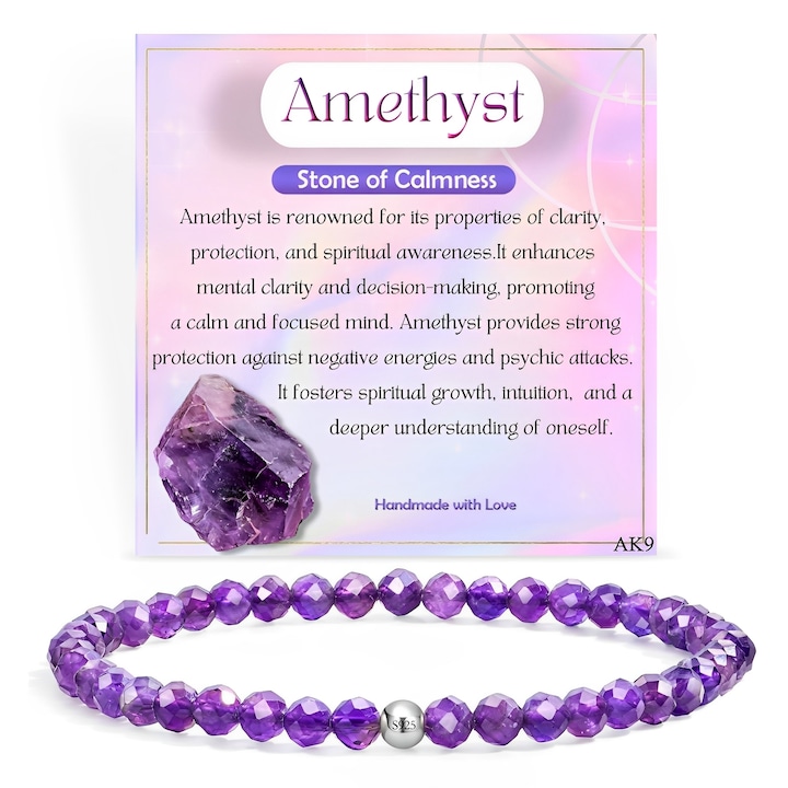 Bratara TREXORA, cristal natural, ametist mov, argint, 19cm, ajustabila