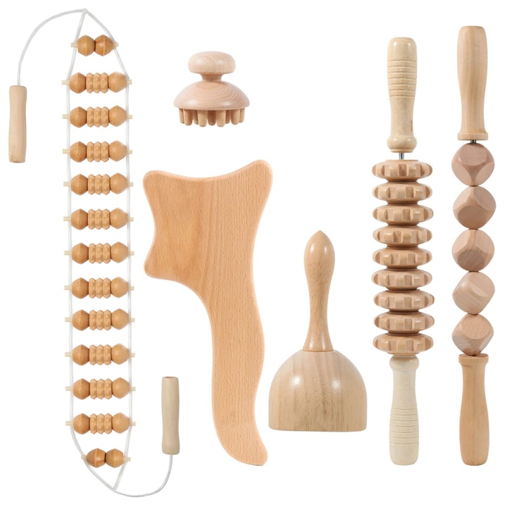 Комплект от 6 дървени масажни инструмента OVERTANG за оформяне на тялото, масаж против целулит, лимфен дренаж, бежов