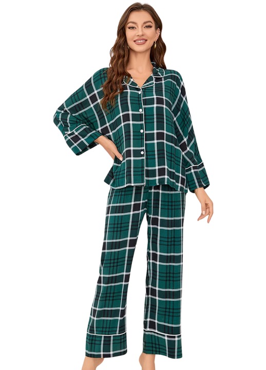 Set Pijama Dama ebukurty,mâneci lungi și pantaloni lungi, model carouri verzi/Tematica Craciun,marime S-XL