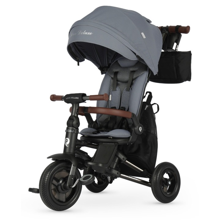 Триколка QPlay Nova Deluxe, сива, с въртяща се на 360° седалка и алуминиева рамка, за деца 10-72 месеца