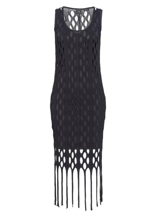 Rochie midi dama Pinko Kill Bill, franjuri negri, viscoza/poliamida, negru, L INTL