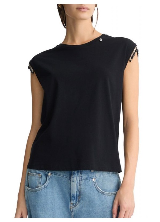Tricou dama Liu Jo, negru, bumbac, elastan, cu margela pe umar, M INTL