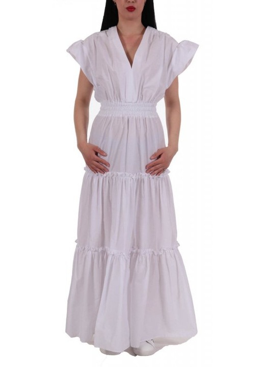 Rochie lunga dama Pinko, decolteu in V, volane, bumbac, alb, 40 EU