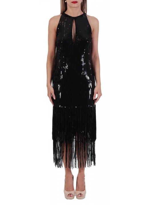 Rochie dama Pinko Acerola, cu franjuri si paiete, poliester/elastan, negru, 42 EU