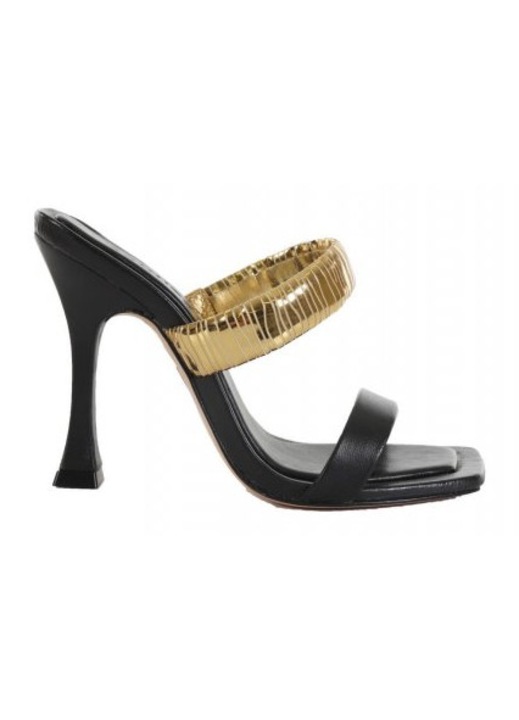 Sandale dama Schutz, cu bareta aurie, negre, 100% piele, toc 10,5 cm