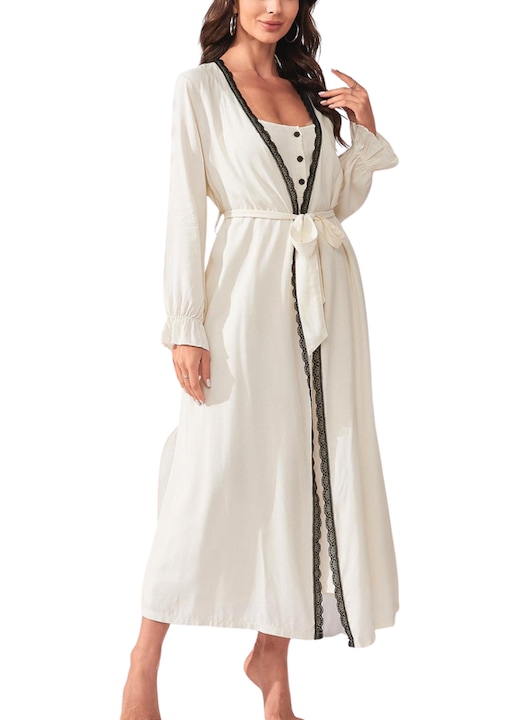 Set pijamale dama, halat cu cordon si camasa de noapte, bej/maneci lungi/ marime S INTL