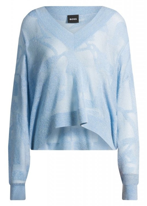 Bluza BOSS Fenarete, decolteu in V, albastru deschis, 56% viscoza reciclata, 23% mohair, 15% poliamida reciclata, 6% lana