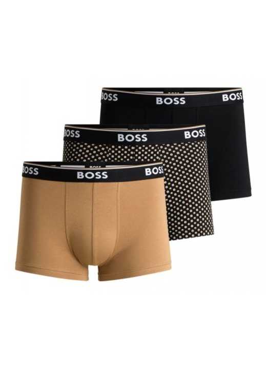 Lenjerie intima barbati BOSS set 3 piese trunk, negru-bej, bumbac-elastan