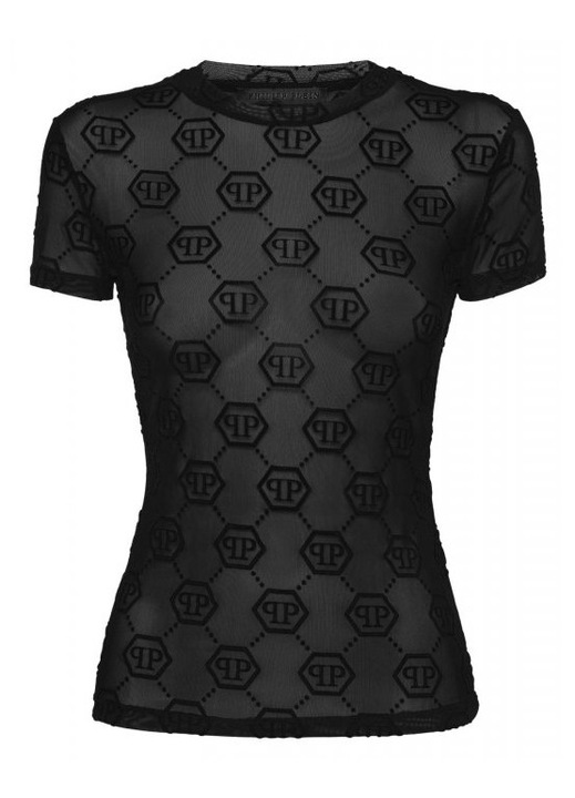 Tricou dama Philipp Plein, guler rotund, negru, 85% poliester, 15% elastan