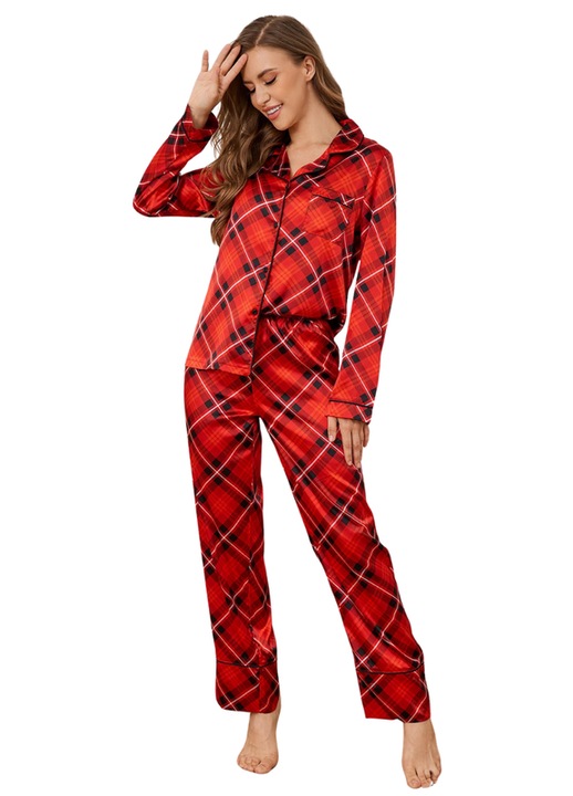 Pijamale Craciun de Dama,Set cu Bluza si Pantaloni lungi, perfectă pentru Anul Nou,rosu/marime S-XL