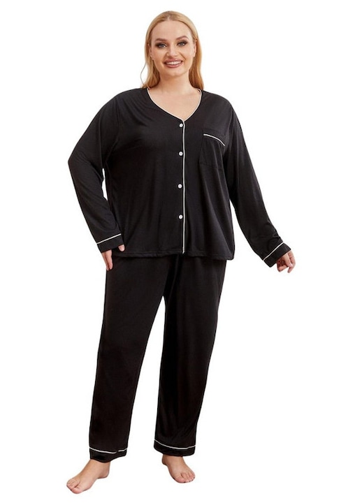 Pijama Dama ebukurty,Model cu nasturi si buzunar la piept,pentru sezonul toamnă-iarnă, marime mare 1XL-4XL