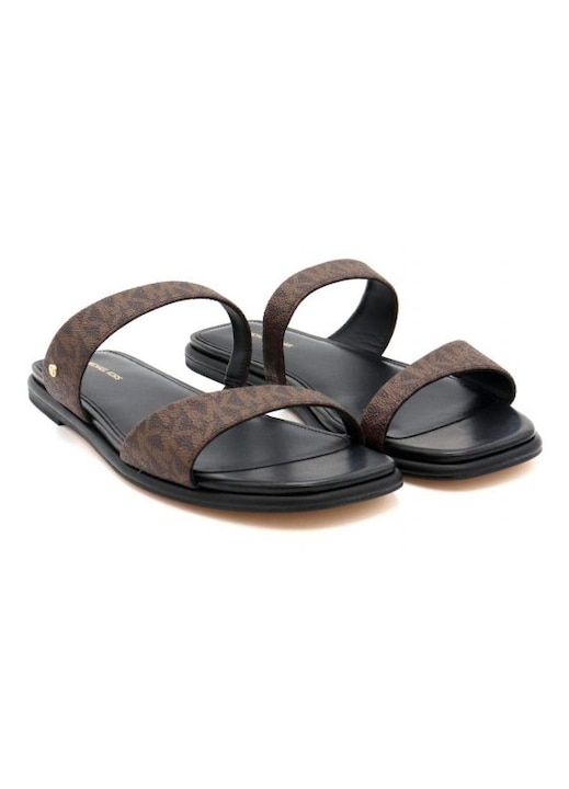 Slapi dama Michael Kors Jaida, cu logo, maro, negru, piele ecologica