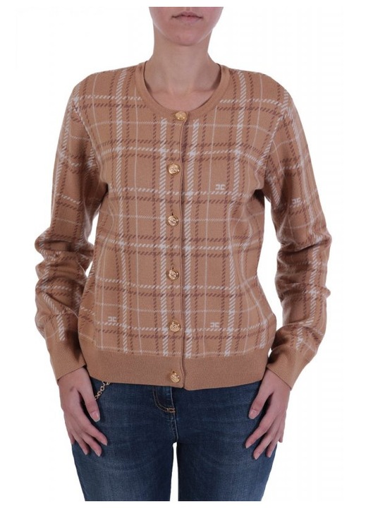 Pulover dama Elisabetta Franchi, carouri bej, lana/nailon, 46 EU