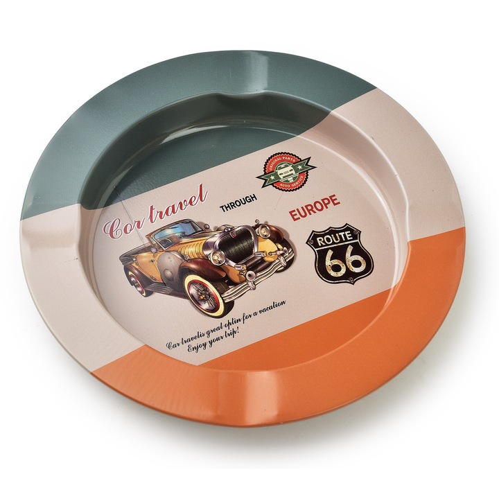 Scrumiera Mondex Ashley, retro, grafica colorata cu masina clasica, 13,5x1,5cm